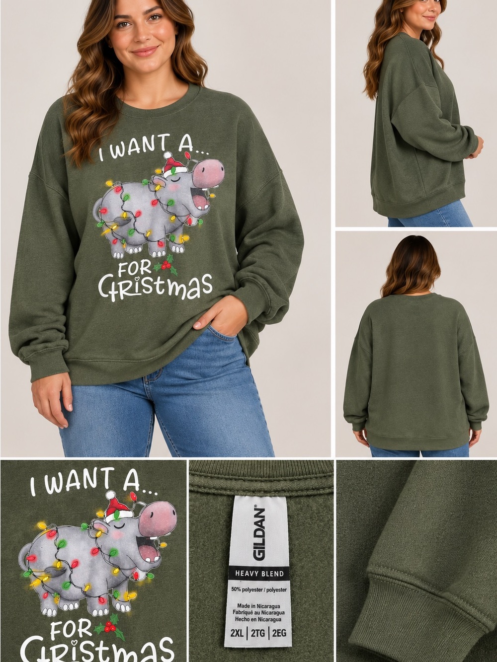 Gildan Olive Green Christmas Hippo Crewneck Sweatshirt